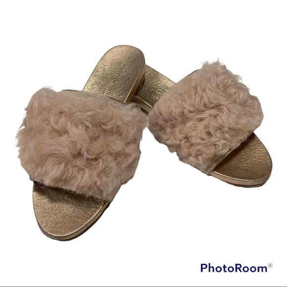 Loeffler Randall Domino Slides Metallic Rose Gold Faux Fur Mob Wife Chic 5 - Picture 10 of 15